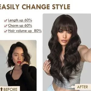 Human hair blend  brunette brown wig with bang. Amazon.com : Dark Brown Curtain Bangs Layered Human Hair  main image 3